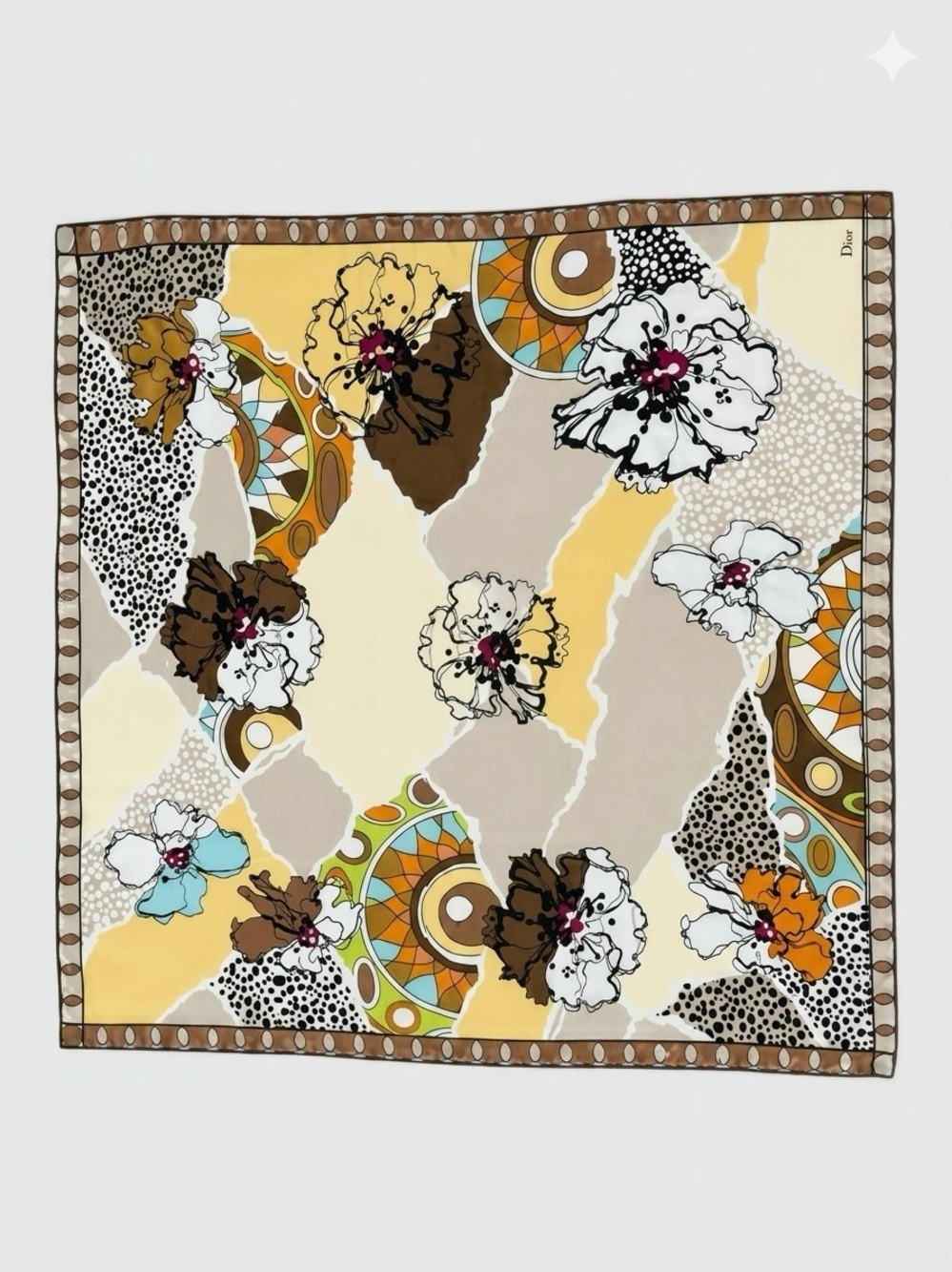 Luxury 100% Silk Square Scarf Floral Geometric Mixed Print Tan Yellow - Picture 3 of 7